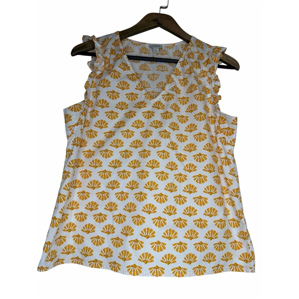 J.Crew Factory Sleeveless Ruffle Top size Small Yellow Fan Shell Print Blouse